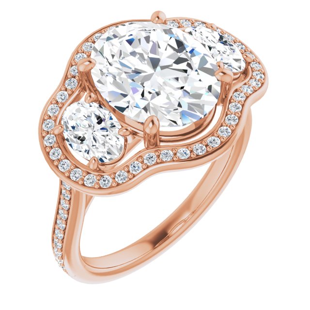 10K Rose Gold Customizable Oval Cut Style with Oval Cut Accents, 3-stone Halo & Thin Shared Prong Band