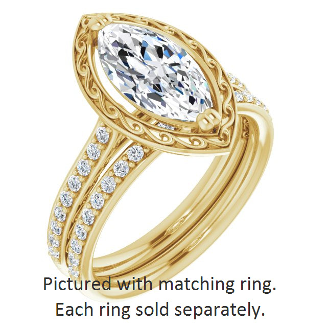 Cubic Zirconia Engagement Ring- The Montserrat  (Customizable Marquise Cut Halo Design with Filigree and Accented Band)