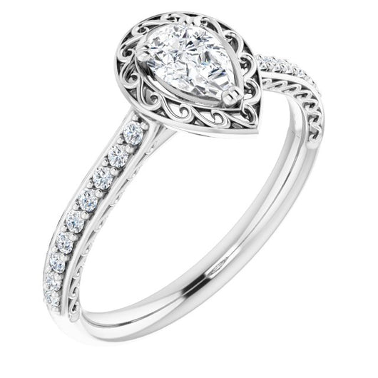 10K White Gold Customizable Pear Cut Halo Design with Filigree and Accented Band