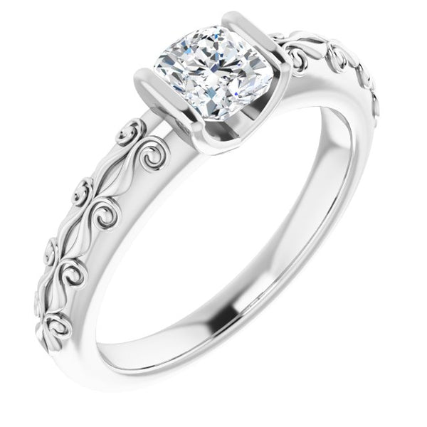 10K White Gold Customizable Bar-set Cushion Cut Setting featuring Organic Band