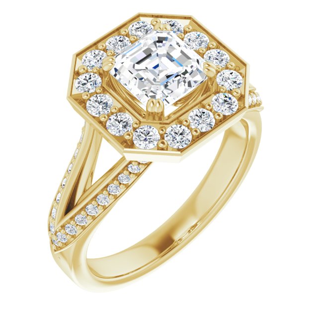 10K Yellow Gold Customizable Asscher Cut Center with Large-Accented Halo and Split Shared Prong Band