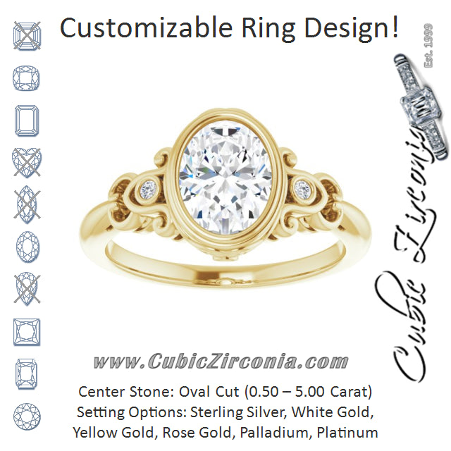 Cubic Zirconia Engagement Ring- The Viridiana (Customizable 5-stone Design with Oval Cut Center and Quad Round-Bezel Accents)