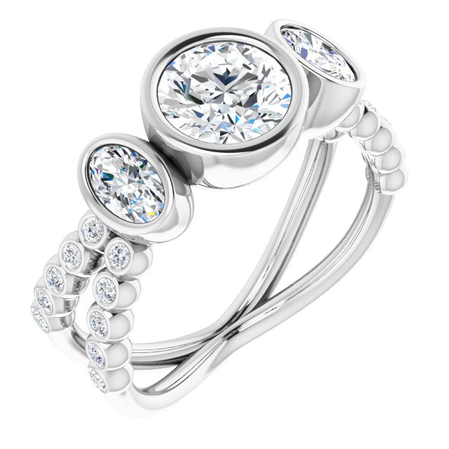10K White Gold Customizable Bezel-set Round Cut Design with Dual Bezel-Oval Accents and Round-Bezel Accented Split Band