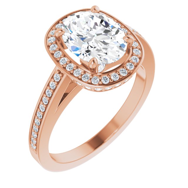10K Rose Gold Customizable Cathedral-set Oval Cut Design with Halo, Thin Pavé Band & Round-Bezel Peekaboos