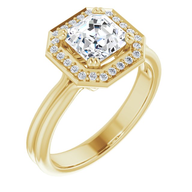 10K Yellow Gold Customizable Asscher Cut Style with Scooped Halo and Grooved Band