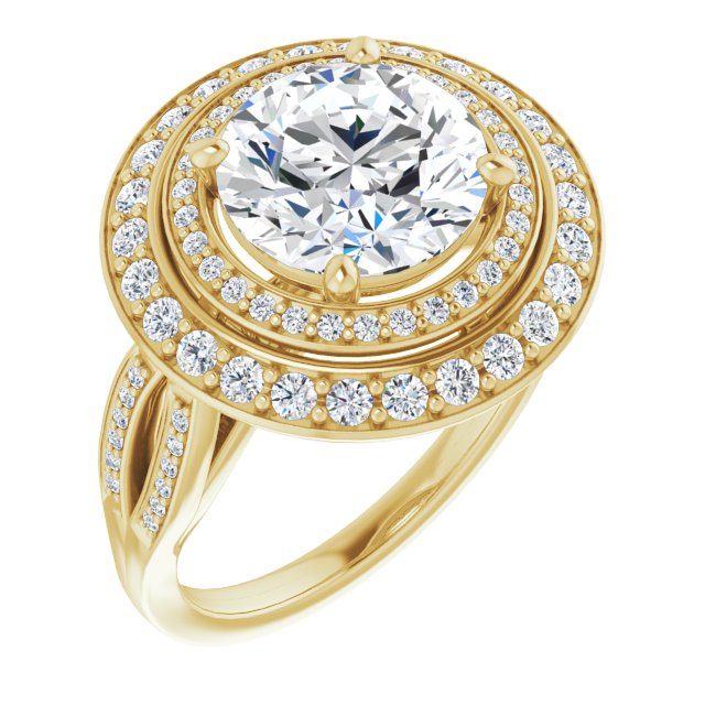 14K Yellow Gold Customizable Cathedral-style Round Cut Design with Double Halo & Split-Pavé Band