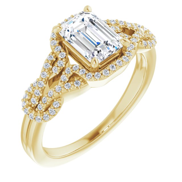 10K Yellow Gold Customizable Emerald/Radiant Cut Design with Intricate Over-Under-Around Pavé Accented Band