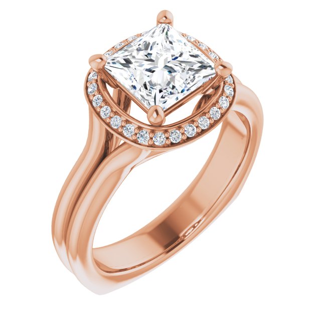 10K Rose Gold Customizable Princess/Square Cut Style with Halo, Wide Split Band and Euro Shank
