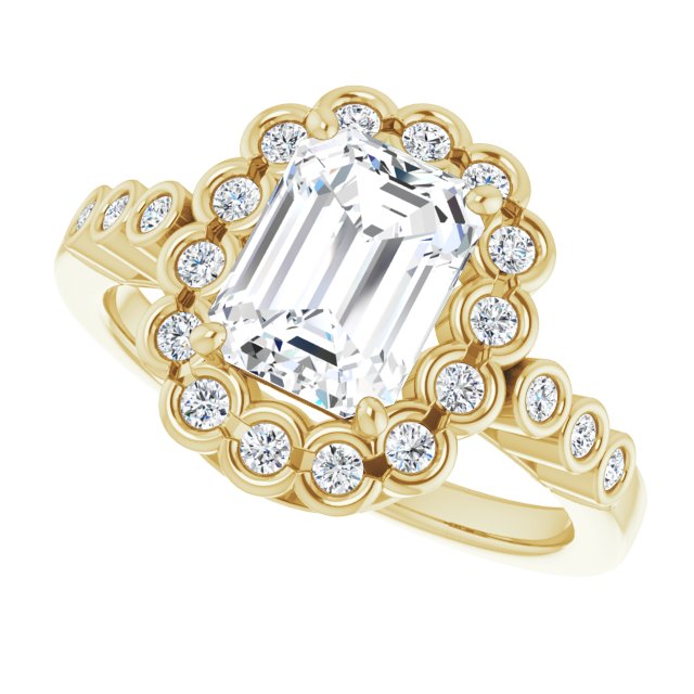 Cubic Zirconia Engagement Ring- The Berkley (Customizable Emerald Cut Design with Round-bezel Halo and Band Accents)