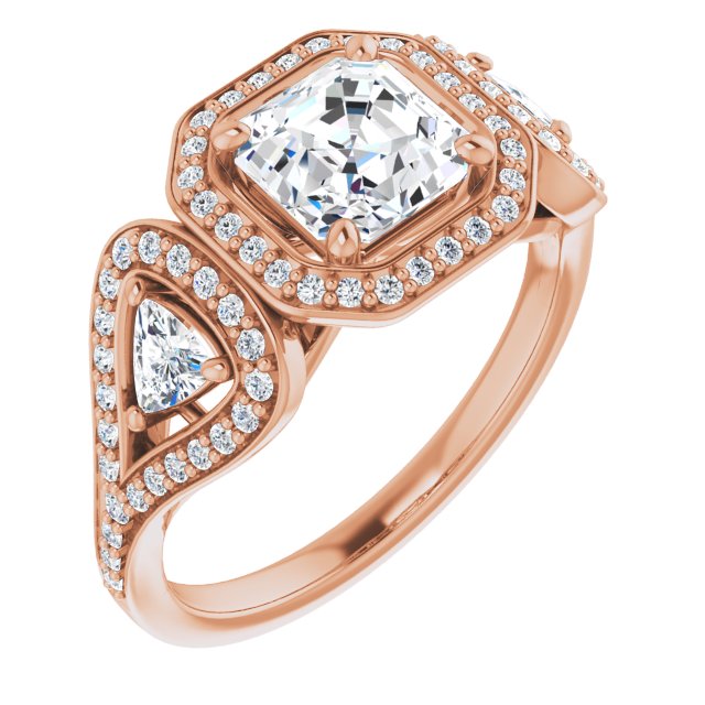 10K Rose Gold Customizable Cathedral-set Asscher Cut Design with 2 Trillion Cut Accents, Halo and Split-Shared Prong Band