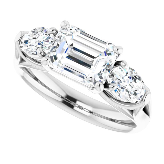 Cubic Zirconia Engagement Ring- The Alondra (Customizable Cathedral-set 3-stone Emerald Cut Style with Dual Oval Cut Accents & Wide Split Band)