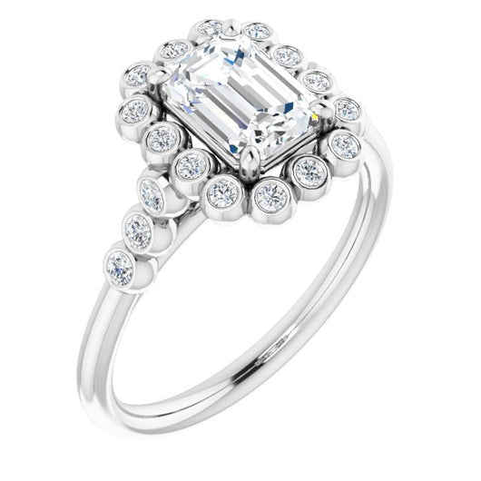 10K White Gold Customizable Emerald/Radiant Cut Cathedral-Style Clustered Halo Design with Round Bezel Accents