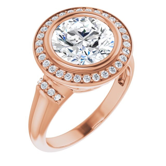 14K Rose Gold Customizable Bezel-set Round Cut Design with Halo and Vertical Round Channel Accents