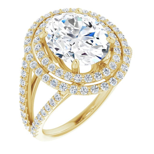 10K Yellow Gold Customizable Oval Cut Design with Double Halo and Wide Split-Pavé Band