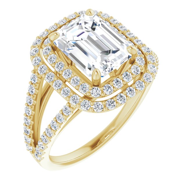 10K Yellow Gold Customizable Emerald/Radiant Cut Design with Double Halo and Wide Split-Pavé Band