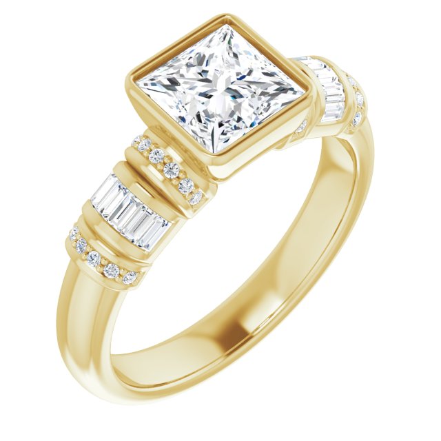 10K Yellow Gold Customizable Bezel-set Princess/Square Cut Setting with Wide Sleeve-Accented Band