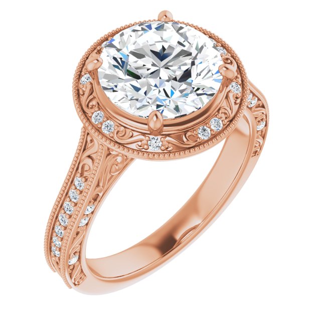 14K Rose Gold Customizable Vintage Artisan Round Cut Design with 3-Sided Filigree and Side Inlay Accent Enhancements