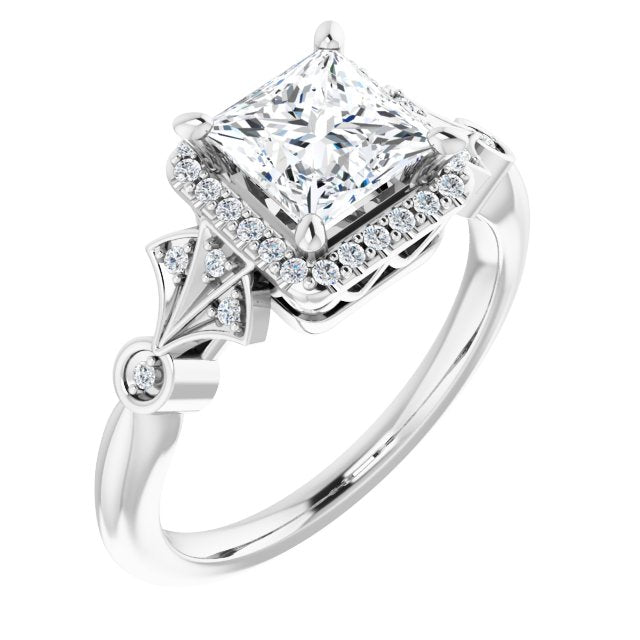 10K White Gold Customizable Cathedral-Crown Princess/Square Cut Design with Halo and Scalloped Side Stones