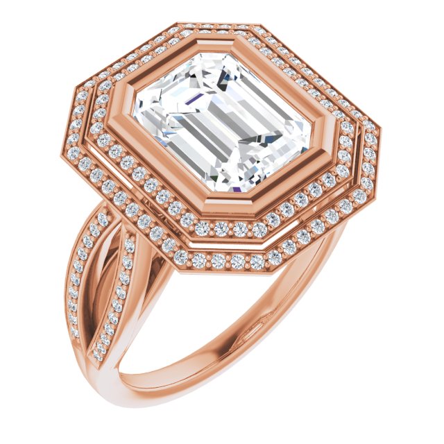 10K Rose Gold Customizable Bezel-set Emerald/Radiant Cut Style with Double Halo and Split Shared Prong Band