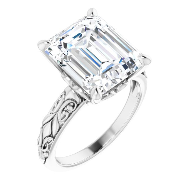 10K White Gold Customizable Emerald/Radiant Cut Solitaire featuring Delicate Metal Scrollwork