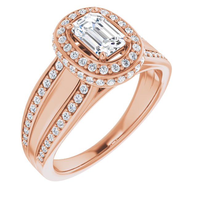 10K Rose Gold Customizable Halo-style Emerald/Radiant Cut with Under-halo & Ultra-wide Band