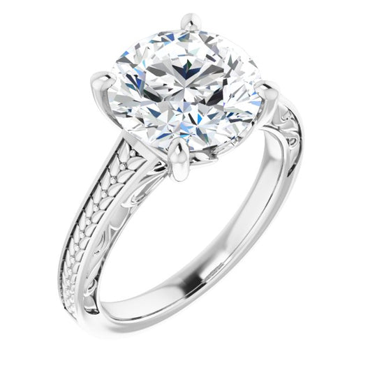 10K White Gold Customizable Round Cut Solitaire with Organic Textured Band and Decorative Prong Basket