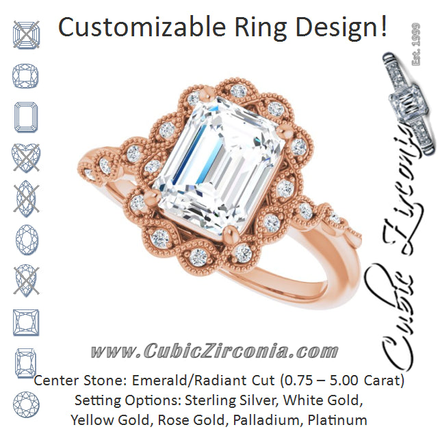 Cubic Zirconia Engagement Ring- The Makayla Belle (Customizable 3-stone Design with Radiant Cut Center and Halo Enhancement)