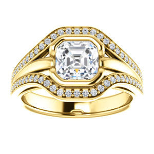 Cubic Zirconia Engagement Ring- The Magdalena Oha (Customizable Bezel-set Asscher Cut Style with Wide Tri-split Pavé Band)