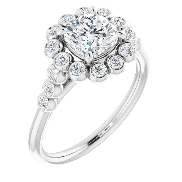 10K White Gold Customizable Cushion Cut Cathedral-Style Clustered Halo Design with Round Bezel Accents