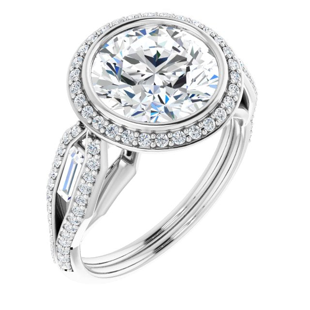 10K White Gold Customizable Cathedral-Bezel Round Cut Design with Halo, Split-Pavé Band & Channel Baguettes