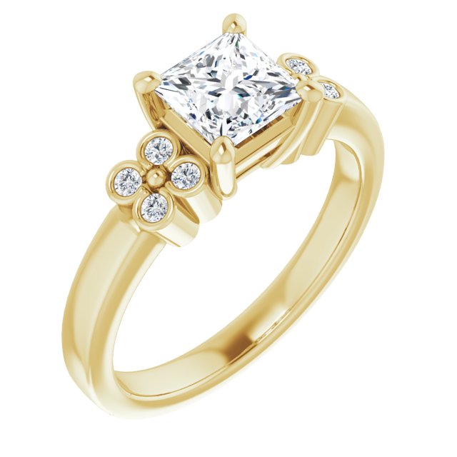 10K Yellow Gold Customizable 9-stone Design with Princess/Square Cut Center and Complementary Quad Bezel-Accent Sets