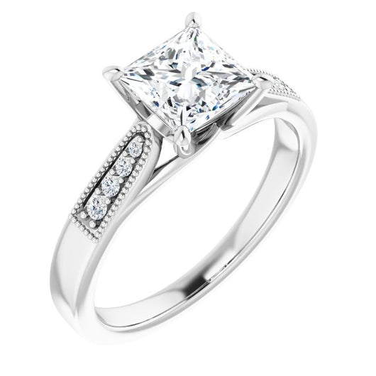 10K White Gold Customizable 9-stone Vintage Design with Princess/Square Cut Center and Round Band Accents