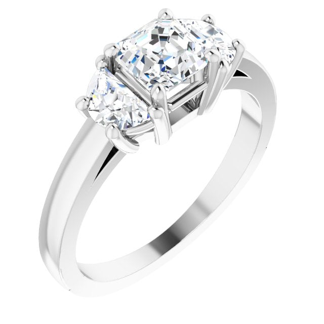 10K White Gold Customizable 3-stone Design with Asscher Cut Center and Half-moon Side Stones