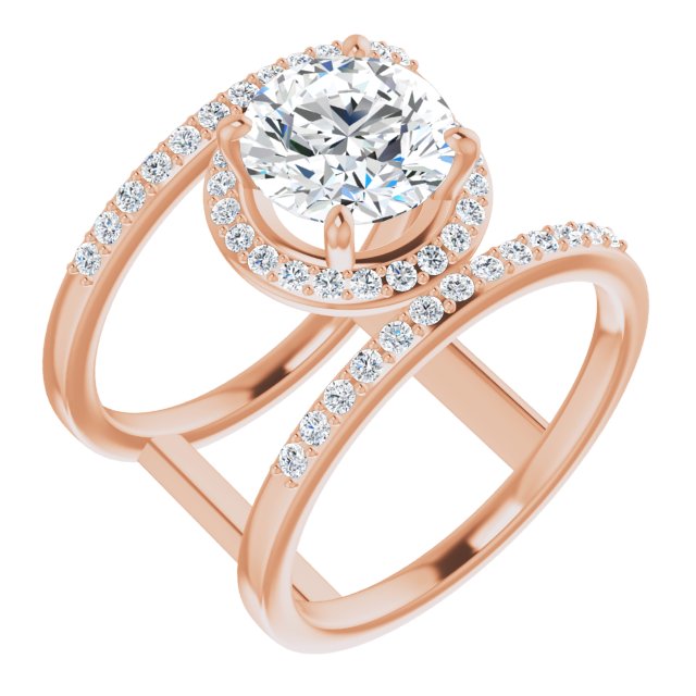 18K Rose Gold Customizable Round Cut Halo Design with Open, Ultrawide Harness Double Pavé Band