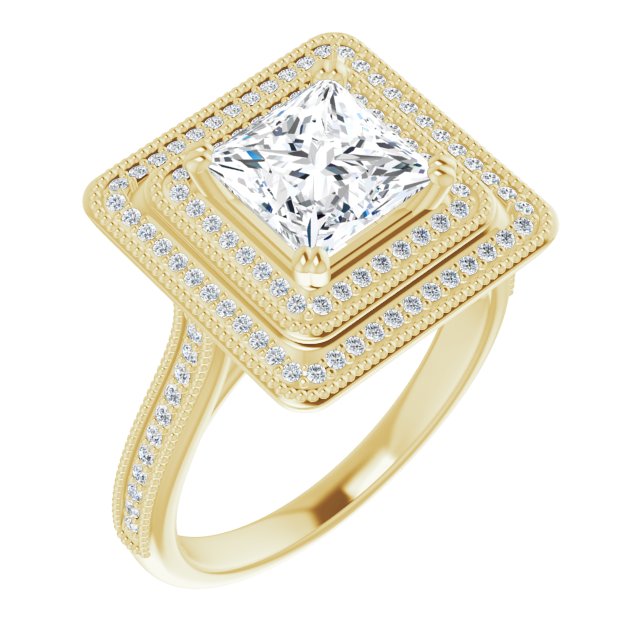 10K Yellow Gold Customizable Princess/Square Cut Design with Elegant Double Halo, Houndstooth Milgrain and Band-Channel Accents