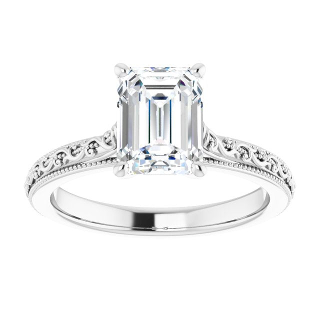 Cubic Zirconia Engagement Ring- The Conchita (Customizable Emerald Cut Solitaire with Delicate Milgrain Filigree Band)