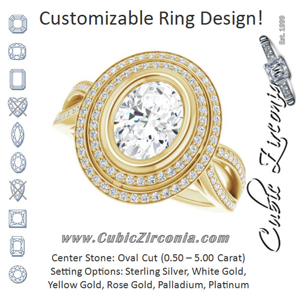 Cubic Zirconia Engagement Ring- The Eliana (Customizable Bezel-set Oval Cut Style with Double Halo and Split Shared Prong Band)