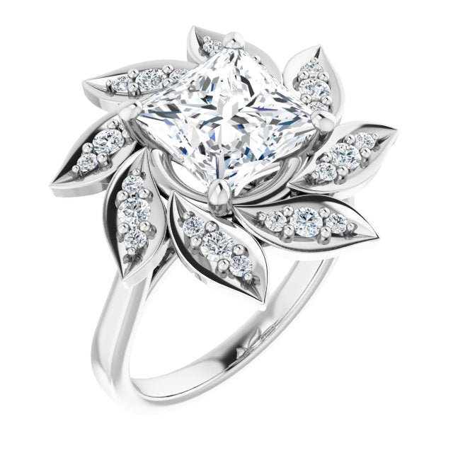 10K White Gold Customizable Princess/Square Cut Design with Artisan Floral Halo