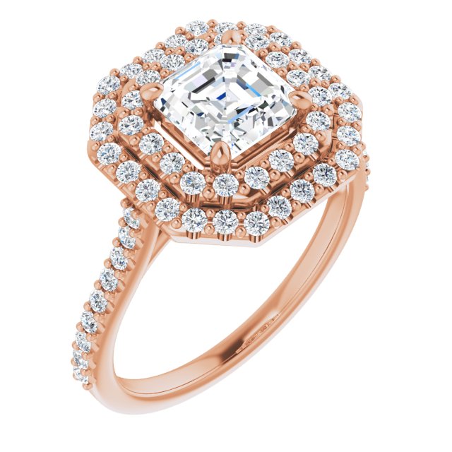 10K Rose Gold Customizable Double-Halo Asscher Cut Design with Accented Split Band