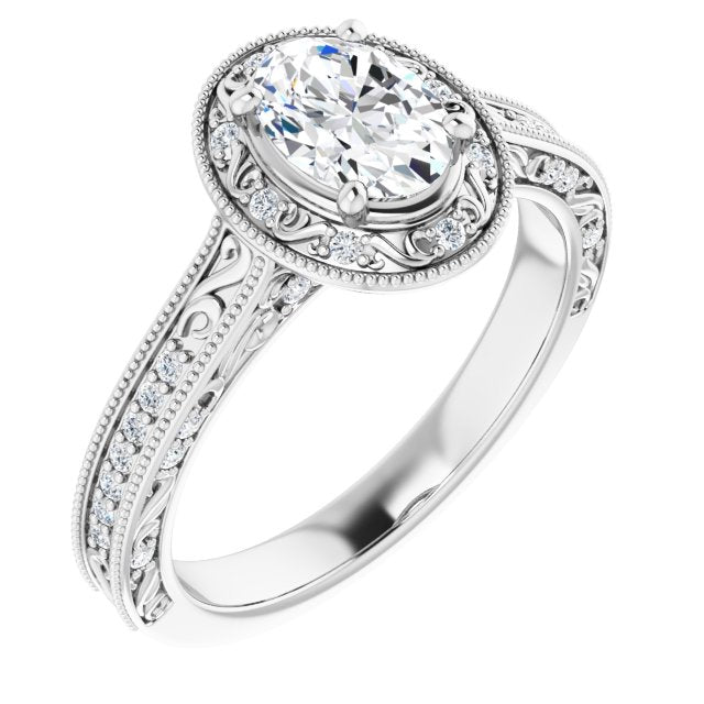 10K White Gold Customizable Vintage Artisan Oval Cut Design with 3-Sided Filigree and Side Inlay Accent Enhancements
