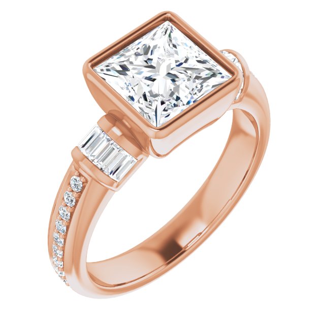10K Rose Gold Customizable Cathedral-Bezel Princess/Square Cut Style with Horizontal Baguettes & Shared Prong Band