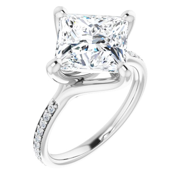 10K White Gold Customizable Princess/Square Cut Design featuring Thin Band and Shared-Prong Round Accents