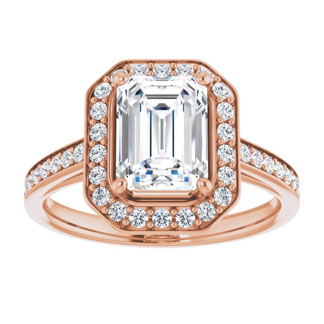 Cubic Zirconia Engagement Ring- The Natascha Eva (Customizable Cathedral-raised Emerald Cut Halo-and-Accented Band Design)