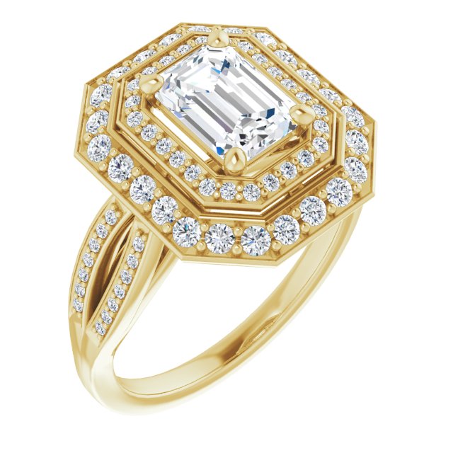 10K Yellow Gold Customizable Cathedral-style Emerald/Radiant Cut Design with Double Halo & Split-Pavé Band