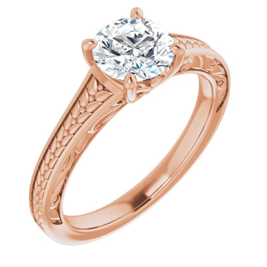 10K Rose Gold Customizable Round Cut Solitaire with Organic Textured Band and Decorative Prong Basket