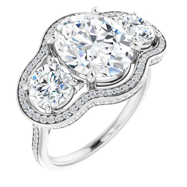 10K White Gold Customizable 3-stone Oval Cut Design with Multi-Halo Enhancement and 150+-stone Pavé Band