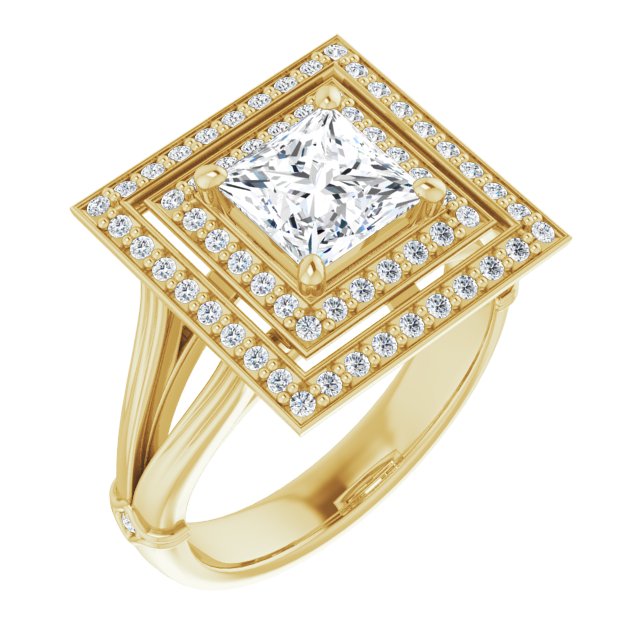 10K Yellow Gold Customizable Cathedral-set Princess/Square Cut Design with Double Halo, Wide Split Band and Side Knuckle Accents