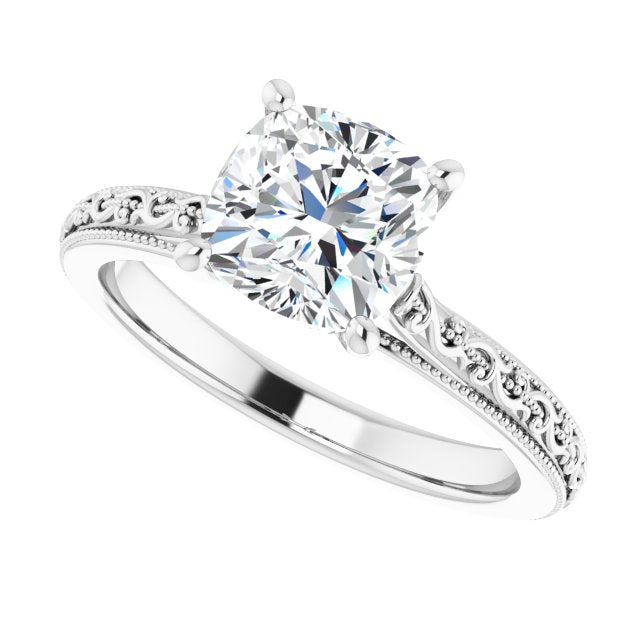 Cubic Zirconia Engagement Ring- The Conchita (Customizable Cushion Cut Solitaire with Delicate Milgrain Filigree Band)