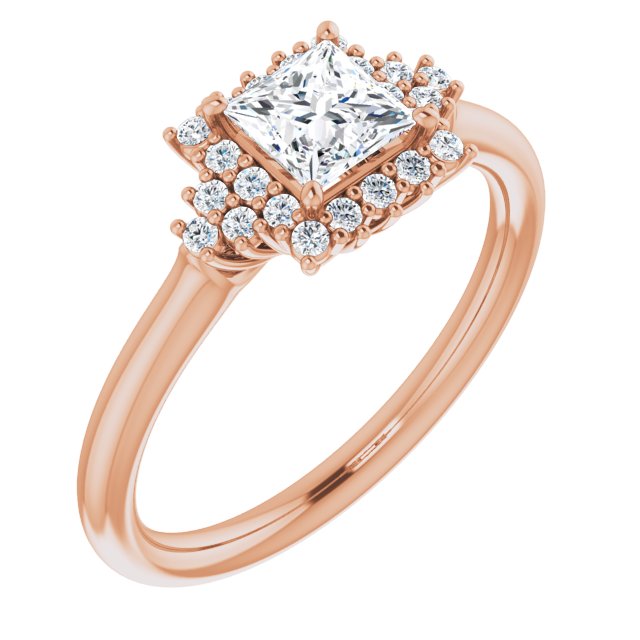 10K Rose Gold Customizable Princess/Square Cut Cathedral-Halo Design with Tri-Cluster Round Accents