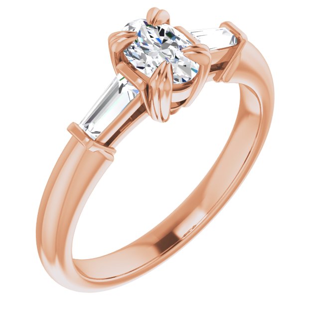 10K Rose Gold Customizable 3-stone Oval Cut Design with Tapered Baguettes